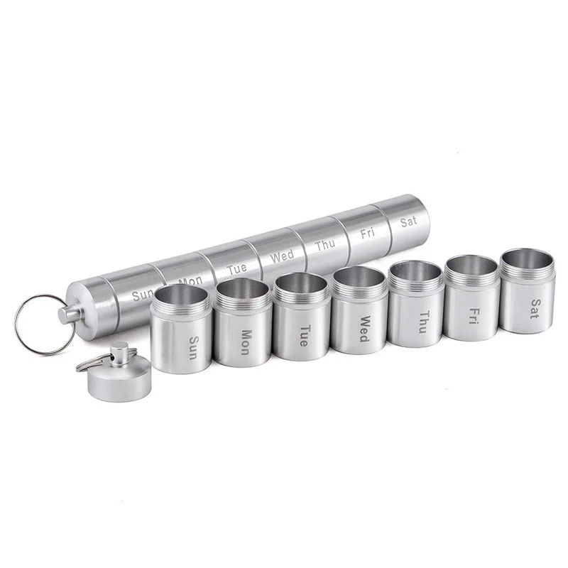 

7 Days Alloy Pill Case Key Chain Weekly Medicine Tablet Storage Organizer Container Compartment Waterproof Pill Box Splitters