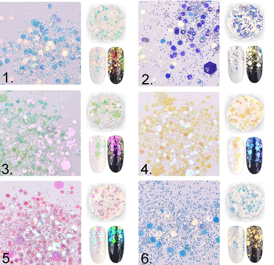 

6 Boxes Nail Mixed Glitter iridescent, hexagonal, nail art, rainbow, resin, epoxy, gift, Christmas jewelry, embellishments 456