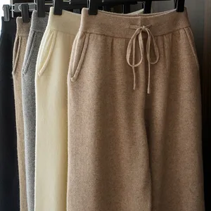 Women Pants 100% Australian Wool Knitted Wide Leg Pant 2021 Winter New Fashion Warm Long Trousers Pu