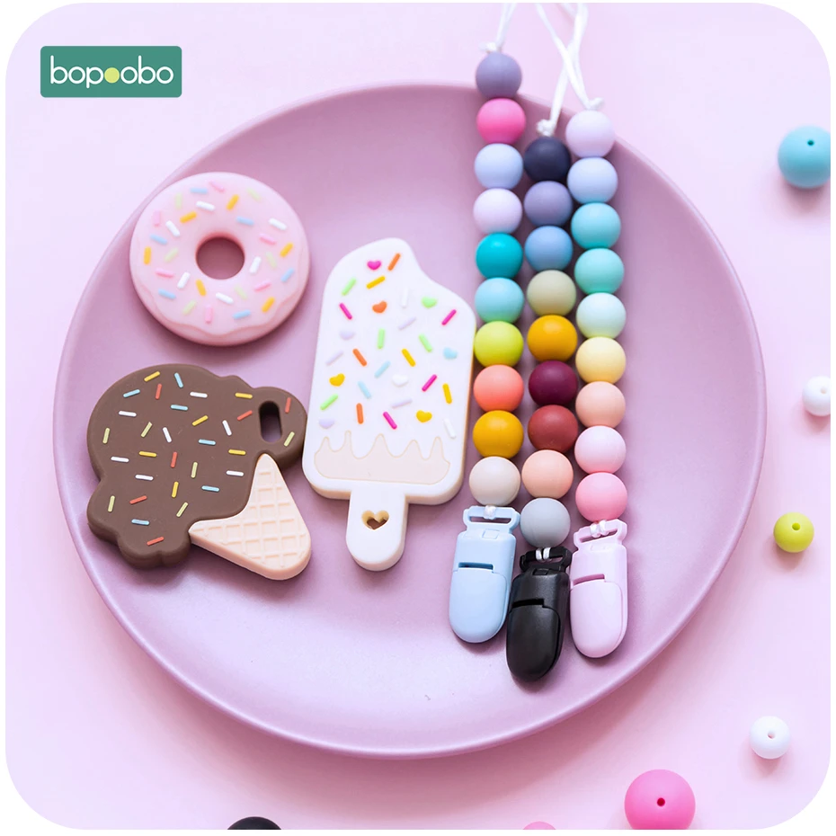 Bopoobo 1 шт. пищевой силиконовый Icecream набор силиконовый Прорезыватель для зубов бусы для изготовления BPA бесплатные Детские трофеи подвеска пустышка Клип цепь