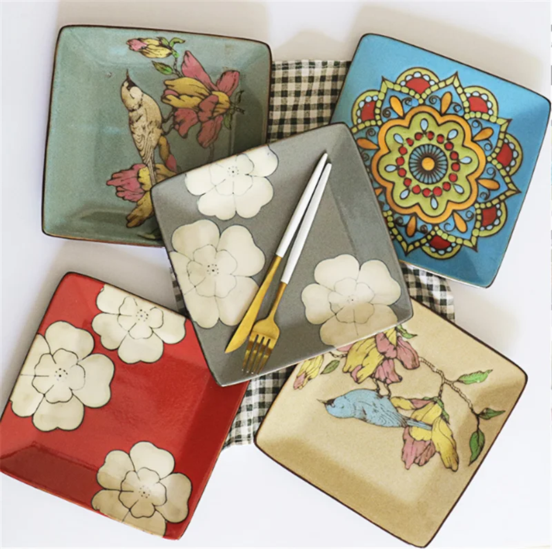 Creative retro hand-painted ceramic cutlery household round flat steak plate art decorative dishes dinner plates tray | Дом и сад