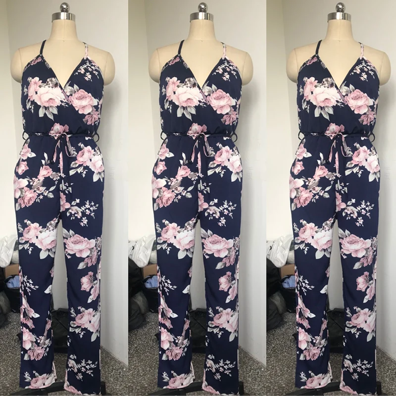 

Summer Women Ladies Playsuit Party Jumpsuit V Neck Floral Bandge Romper High Waist Long Trousers Pants Clubwear