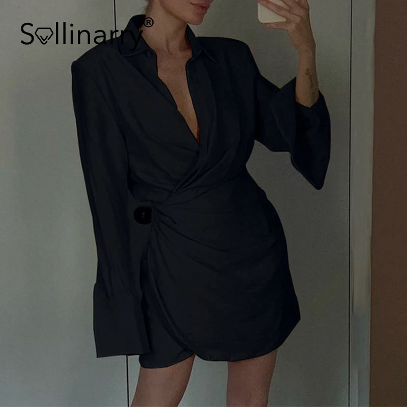 

Sollinary 2021 Autumn turn down collar wrap dress women Sexy long sleeve mini shirt dress Elegant office lady casual women dress