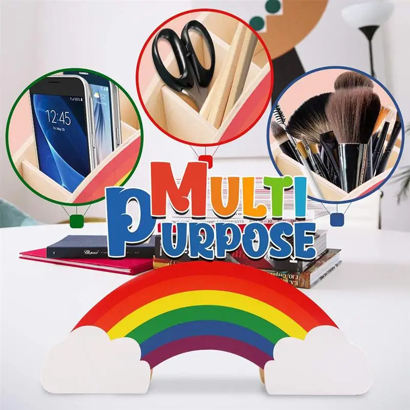 

Wooden Pen Holder Creative Rainbow Desktop Stationary Organizer Multifunctional Make up Brush Pencil Holder for Office