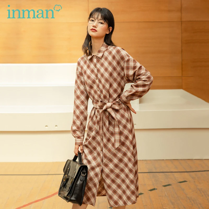 Платье-рубашка в полоску с длинным рукавом и поясом Осень-зима | Женская одежда