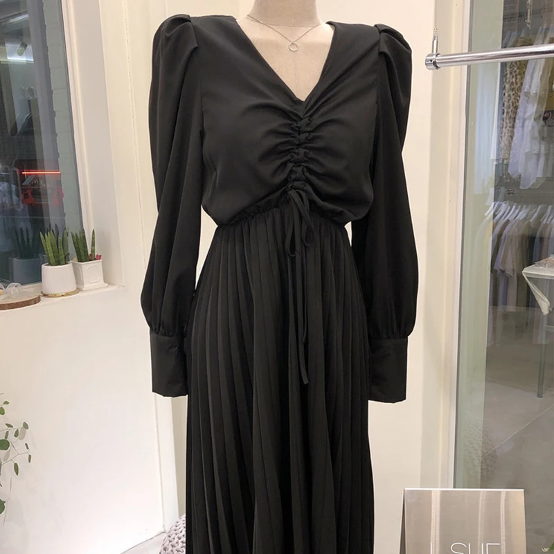 

Sexy Drawstring Pleated Dress For Women Autumn Black/Beige Draped High Waist Long Sleeve Vintage Dresses Fashion Vestidos 2021