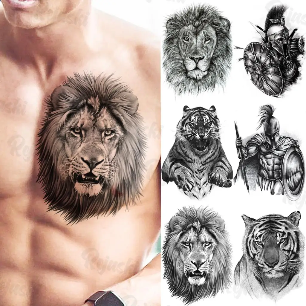 

Большой черный Лев Временные татуировки для взрослых мужчин реалистичный рыцарь Тигр щит водостойкая поддельная Татуировка наклейка груд...