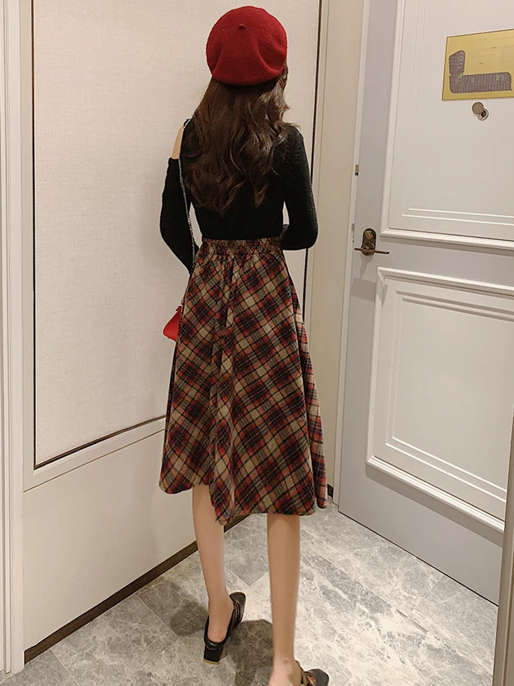 Женская винтажная шерстяная юбка Повседневная Длинная клетчатая средней длины с