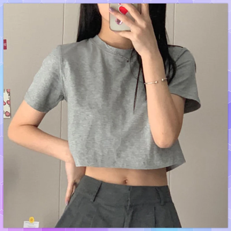 

Укороченный хлопковый топ, женская футболка с высокой талией и коротким рукавом, лето 2021, повседневные блузы, женские короткие топы белого ц...