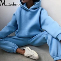 new women thicken sweater trousers 2021 autumn winter casual fashion solid hooded long sleeve tops sweater pants two piece suit