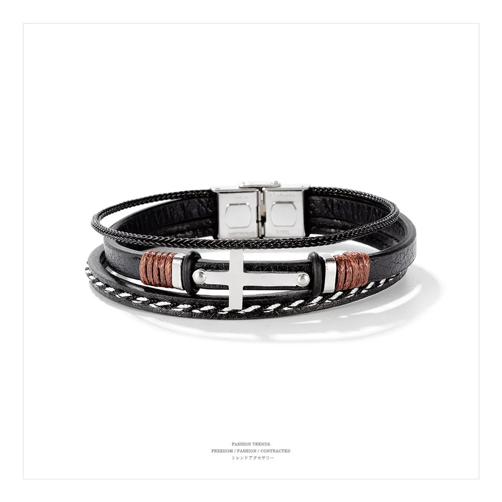 

Vingtage Men Cross Warp Bracelets PU Leather Statement Bangles Fashion Male Jewelry New arrival Dropship Supplier