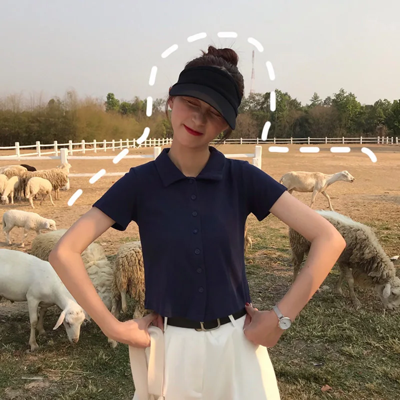 

Solid Color Polo Tops Women Short Sleeve T-Shirt 100% Cotton Button Cardigan Crop Tops Women Tee Casual Summer Clothes 2021