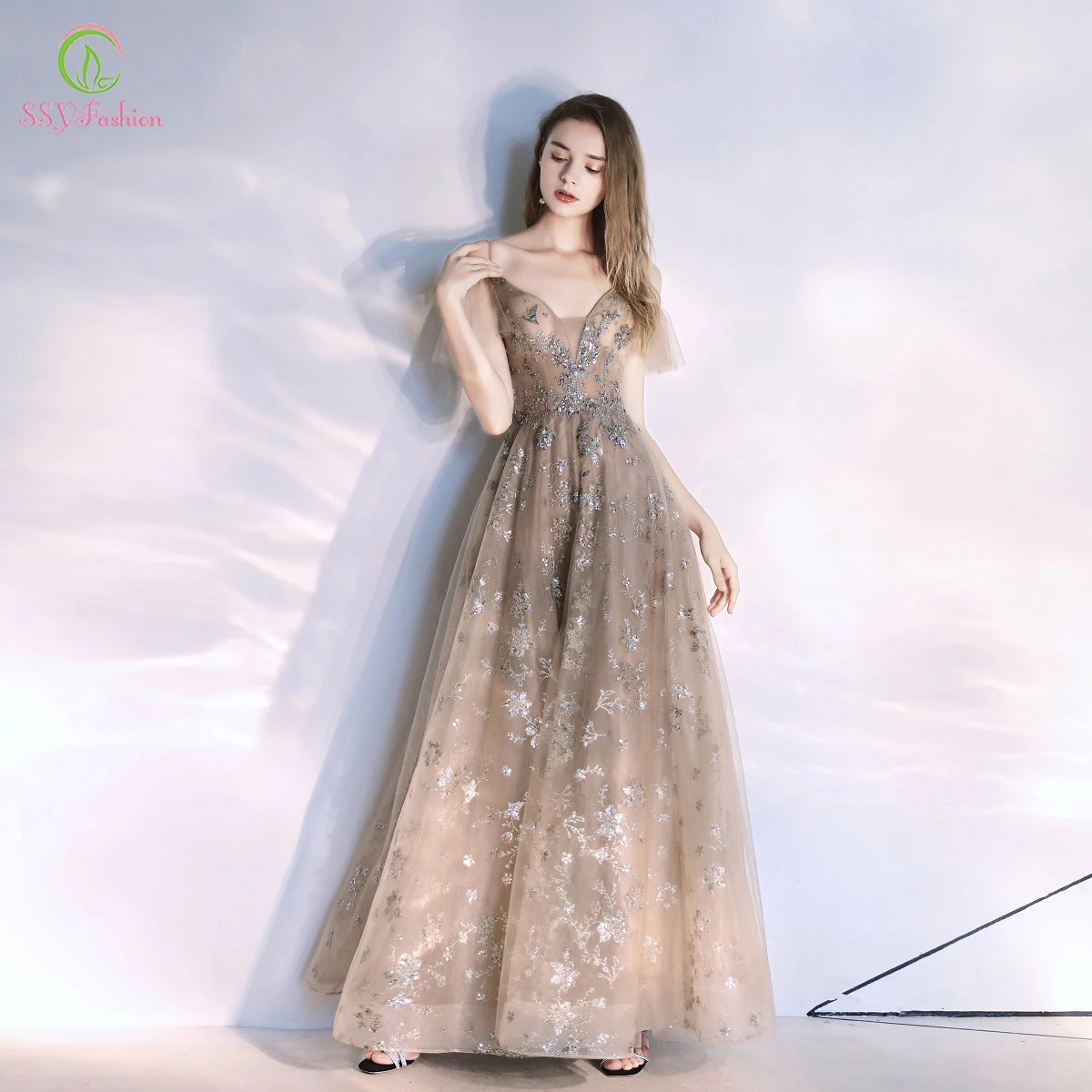Женское вечернее платье до пола SSYFashion Элегантное Длинное блестящее цвета хаки с