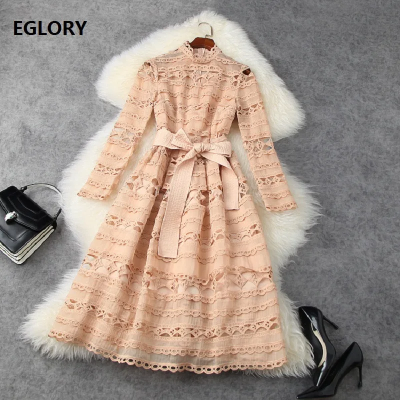 

Hollow Out Embroidery Dress 2021 Spring Style Women Stand Neck Bow Belt Deco Long Sleeve Large Swing Party Lace Dress Festival