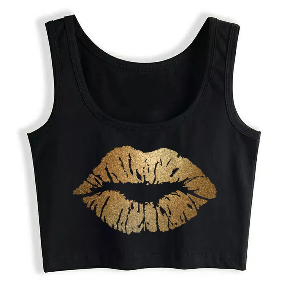 Crop Top Female Gold Lips Hip Hop Black Sleeveless Tops Women