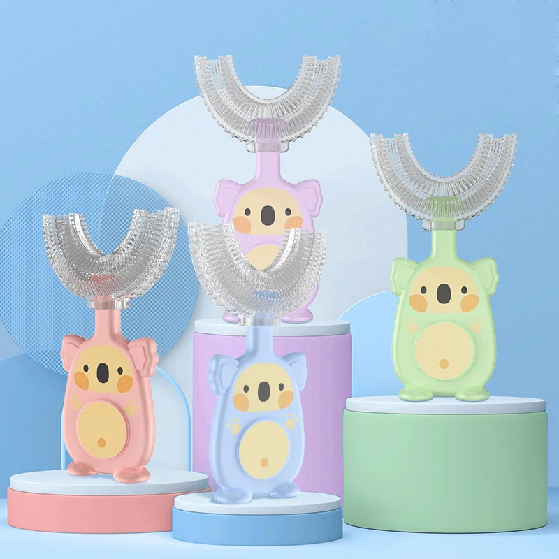 Cepillo de dientes en forma de U para ni&ntilde;os de 2 a 12 a&ntilde;os, cepillo de dientes infantil con mango de silicona, para el cuidado de limpieza Oral-4