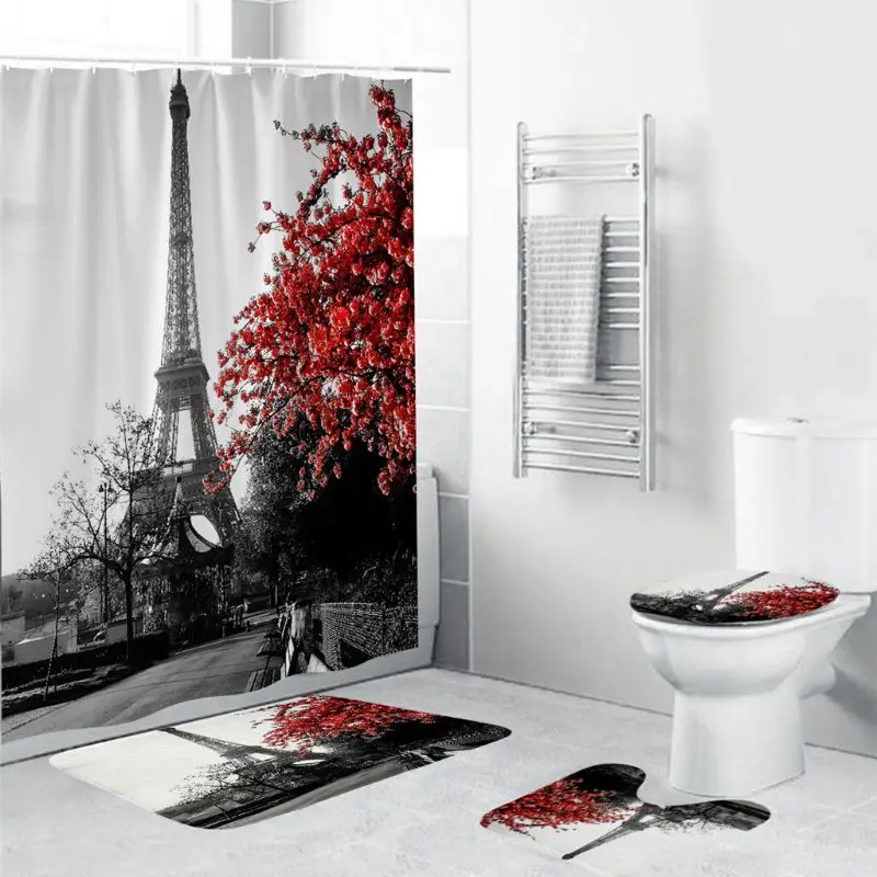 

4PCS/Set Tower Shower Curtain Bath Curtain Waterproof Polyester Shower Curtain Non-Slip Bathroom Rugs Bath Mat Set Toilet