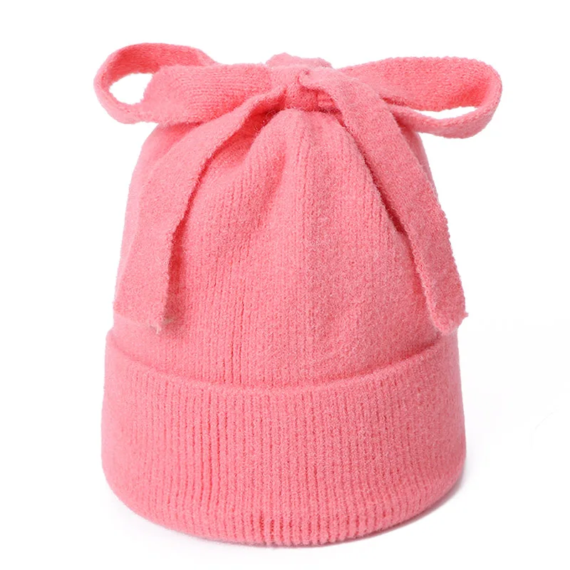 

Winter Autum Hat Big Bows New Thick Warm Cotton Knitted Bonnet Outdoor Windproof Cute Cindy Color Solid Girl Hat Beanie Soft Cap