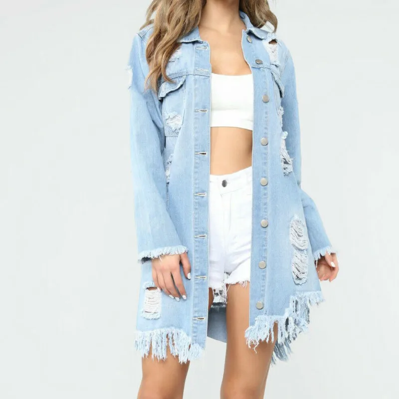 Модные женские рваные топы из денима с дырками состаренная Джинсовая длинная