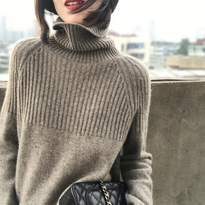 

Striped Women's Turtleneck Wool Pullover Korean Striped Top Harajuku Spring And Autumn 2023 Beige Clothes Khaki