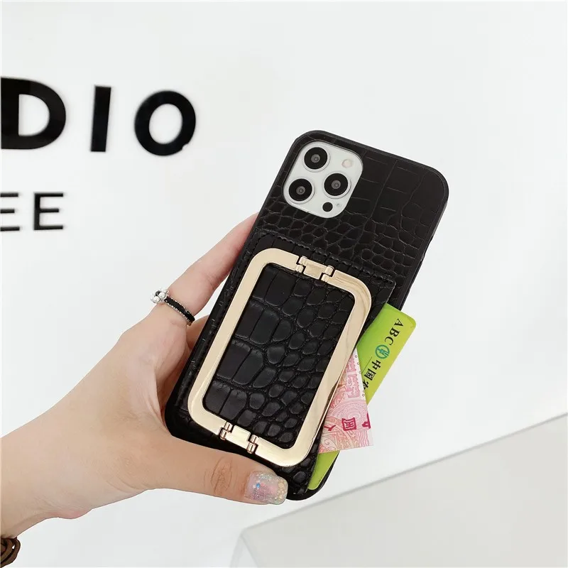 

Luxury Leather Metal Bracket Card Female Soft Case For Iphone 11 12 Pro Max Mini 7 8 Plus Xr X Xs Se 2020 Phone Cover Fundas