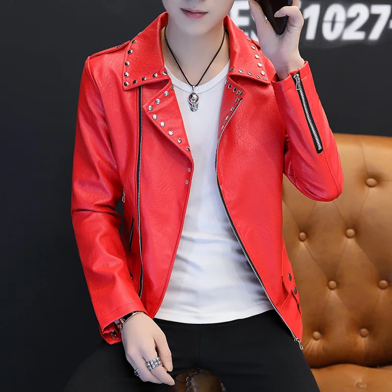 

men brief paragraph character nail riveting leather jacket lapel inclined zipper PU leather teenagers cultivate one's morality