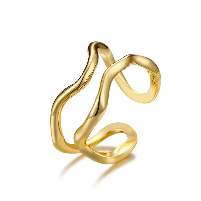 

S925 Sterling Silver Double Layer Rings Irregular Wave Line Elegant Minimalist Open Rings for Women Temperament Jewelry