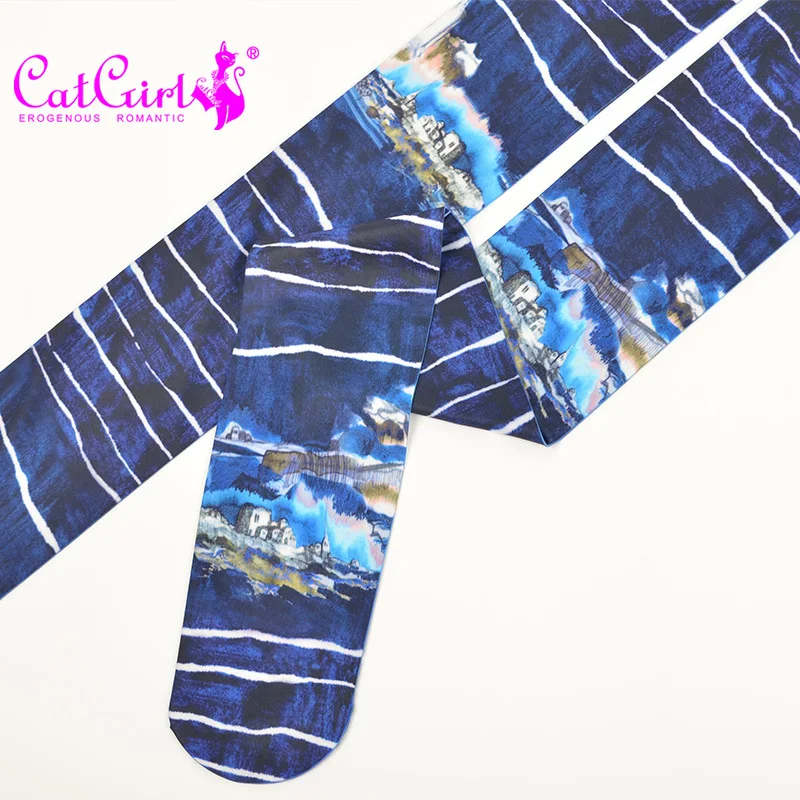 Womens striped stockings jacquard pantyhose spring and autumn Japanese fashion blue underpants ladies