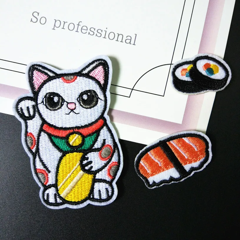 1SET Japanese vintage Style Fortune Cat Scarp Salmon Sushi Embroidery Cloth Pasted Brooch Iron on patches Sew On Applique Badge | Дом и сад