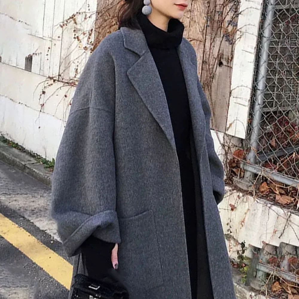 Женское шерстяное корейское офисное элегантное однотонное длинное пальто на