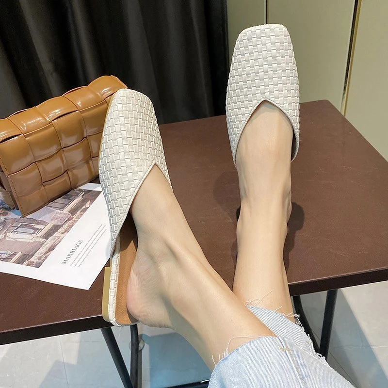 

Slippers Ladies Low Heel Sandals Square Toe Faux Leather Plaid Outdoor Fashion Slippers Summer Black Spring Casual Shoes w065