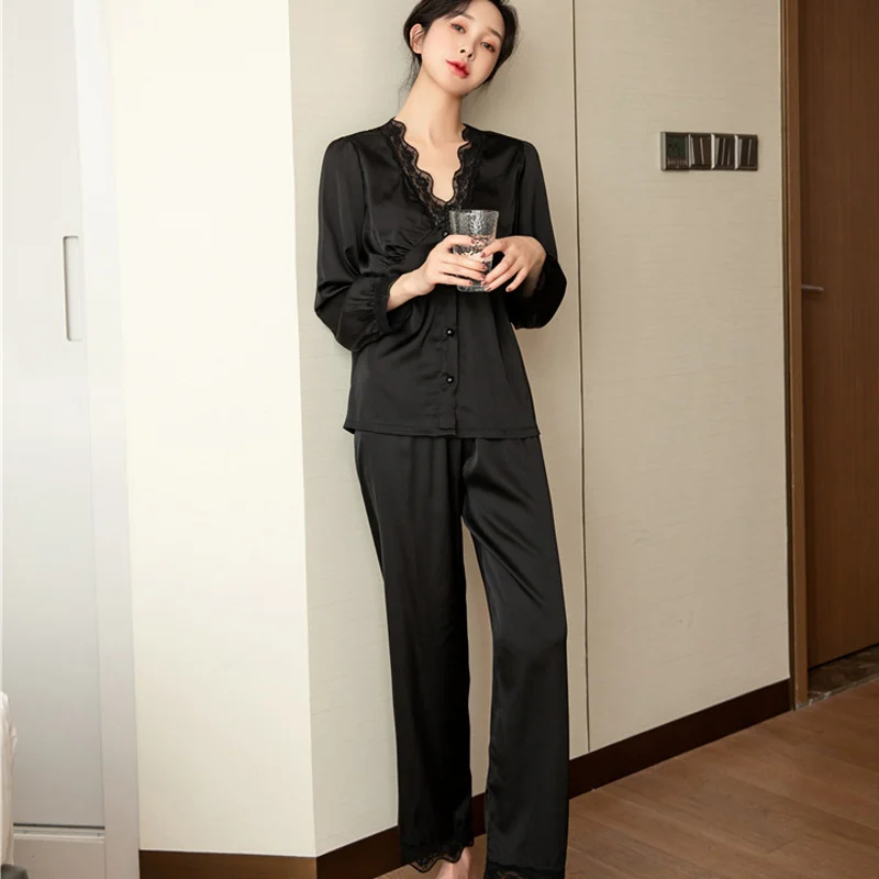 

Satin Chiffon Women's Pajamas Suits Lace Single Breasted Long Sleeves Pajamas V-Neck Breathable Long Pants Outside Women Sleep