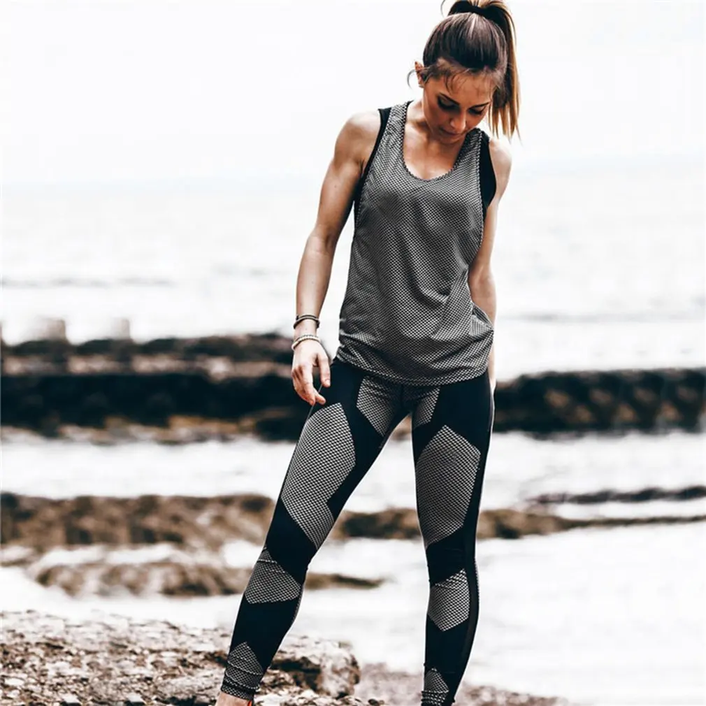 Дышащие женские спортивные длинные брюки с цифровым принтом облегающие для йоги