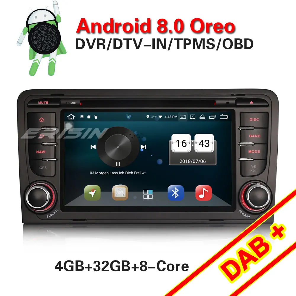 Erisin ES7327A 2 din Android 8 0 Восьмиядерный 4 Гб RAM автомобильный DVD GPS DAB для AUDI A3 Radio