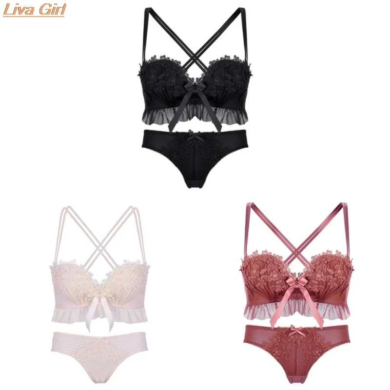 

Women Bra Sets Seamless Lace Push Up Rimless Gathered Embroidered Lingerie Set French Style Bra Low Waist Panties