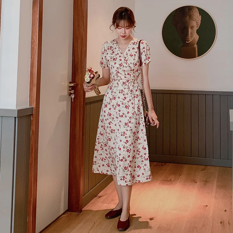

Small Floral Dress Waist Elegant Chiffon Dress New Fashion Short Women's Wear