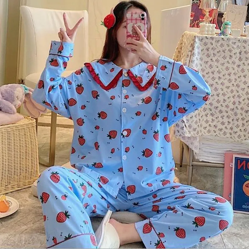

Autumn winter pajamas women cute girl's sleepwear cotton long-sleeved suit sweet doll collar cardigan pijama set home clothes