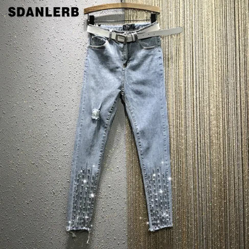 Стразы расшитые бисером женские брюки новинка весны 2020 с высокой талией рваные
