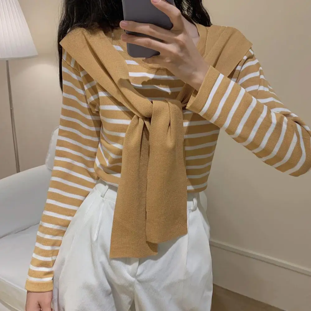 

QRWR 2020 Women Sweater Spring Autumn Fake Two Piece O Neck Sweater Style Korean Retro Navy Wind Shawl Stripes Knitted Sweater
