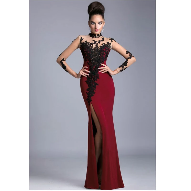 

Red Evening prom gown 2018 illusion back Elegant Long Sleeve Scoop Neck Applique Vestido de Festa