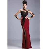 red evening prom gown 2018 illusion back elegant long sleeve scoop neck applique vestido de festa