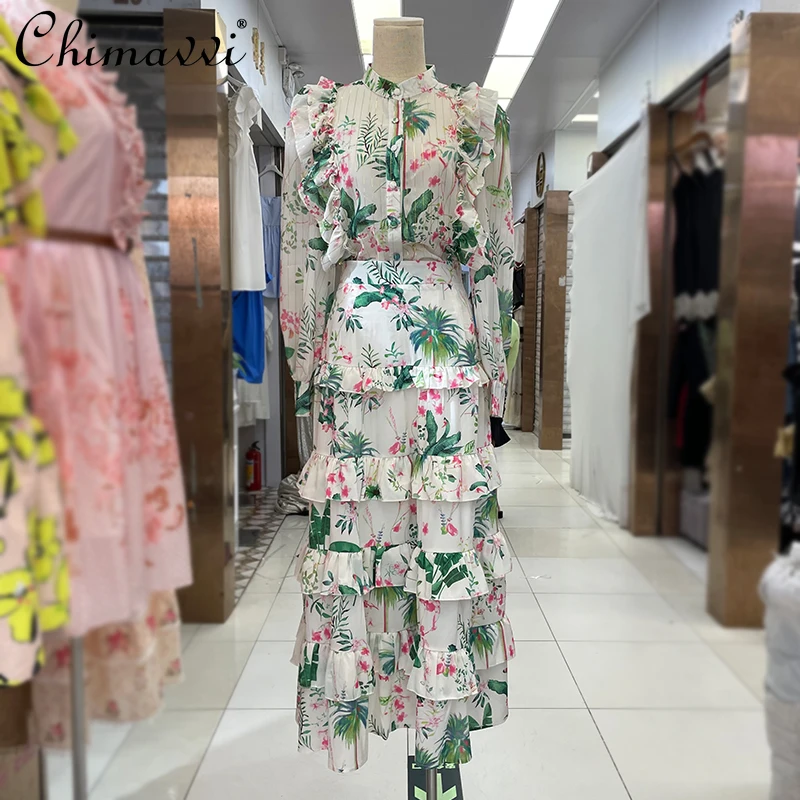 

2021 Summer New Elegant Women Long Sleeve Stand Collar Shirt Women's A-line Ruffled Long Green Skirt Two Piece Suit