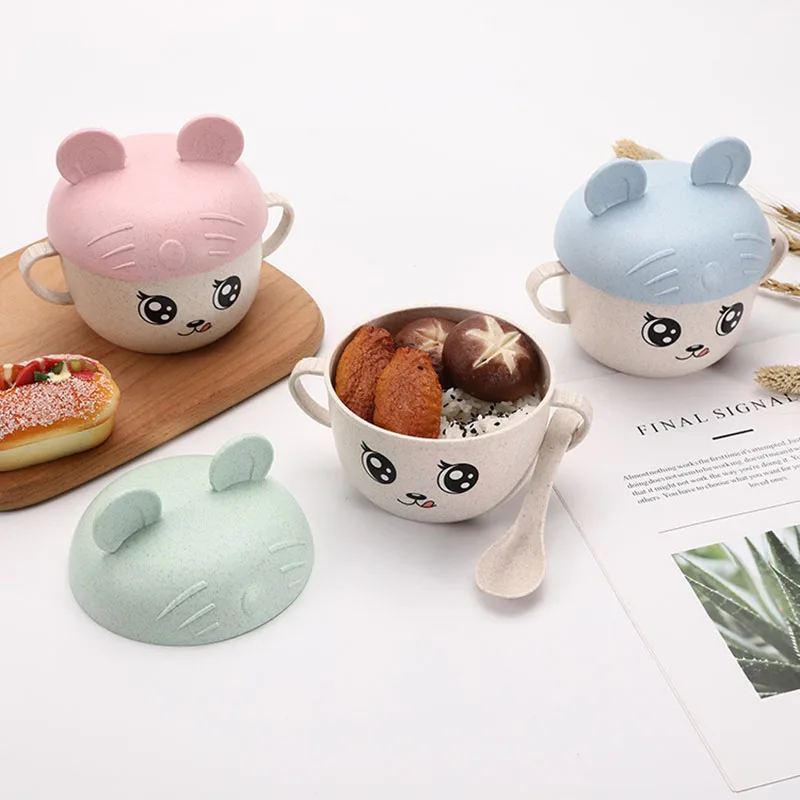 

2Pcs/Set Baby Feeding Food Tableware Wheat Cartoon Kids Dishes Children Eating Dinnerware Set Anti-hot Plate Training Bowl+spoon