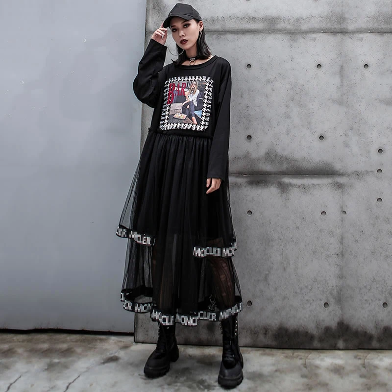 Женское свободное платье с круглым вырезом и длинным рукавом | Женская одежда