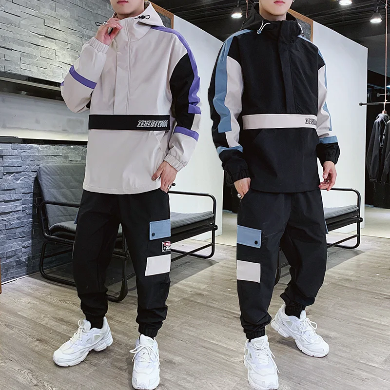 

New Fashion 2 Pcs Sets Mens Fashion Cargo Pullover Tracksuit With Pockets Military Jackets And Loose Fit Elastic Waist Pants Hip