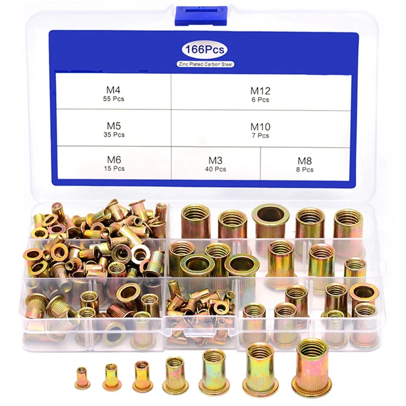 

166Pcs/Set Mixed Carbon Steel Rivet Nut M3 M4 M5 M6 M8 M10 M12 Nut Flat Head Threaded Insert Nut Kit