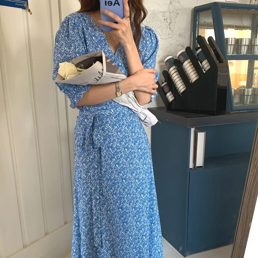 

Femme Lace-Up Thin Streetwear All Match New Long Dresses 2021 Blue Sexy Prom Casual V-Neck Printed Florals Vestidos