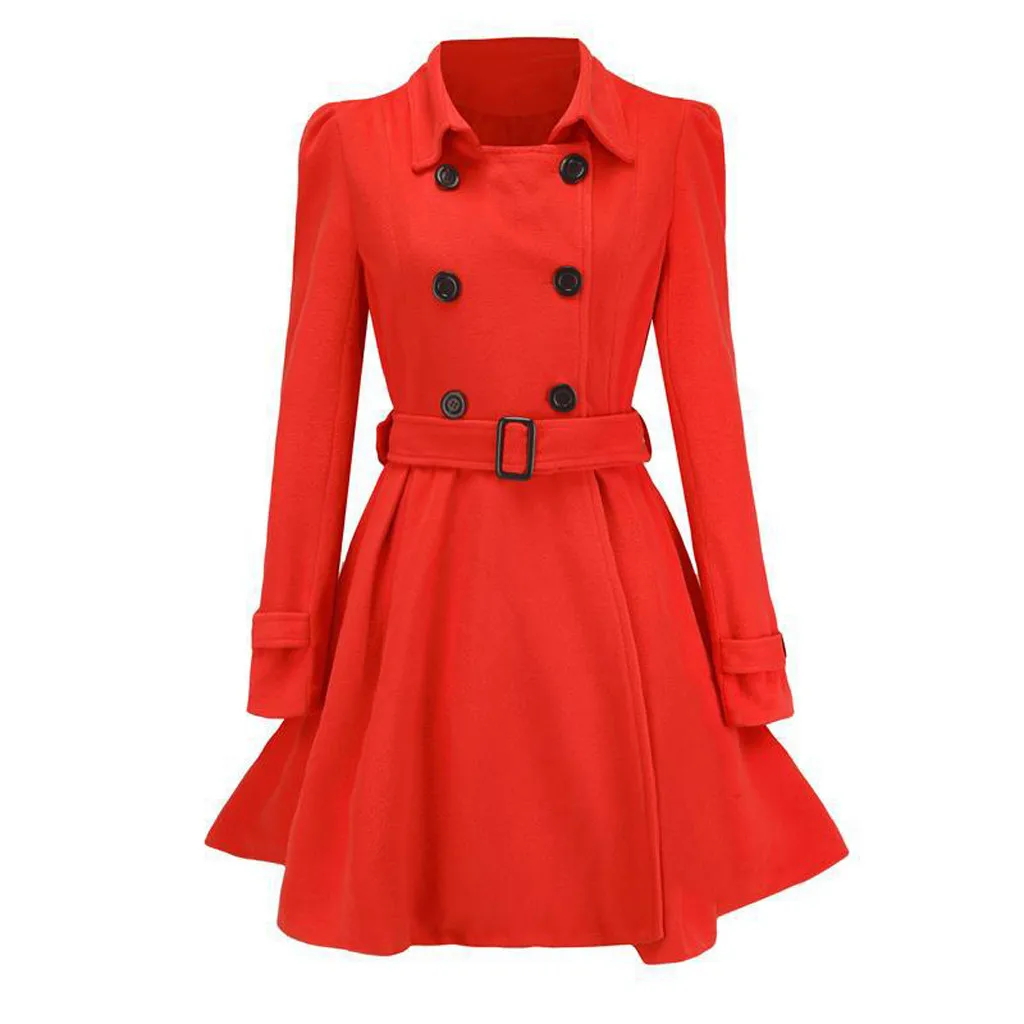 

Winter Warm Women Buttons Woolen Coat Trench Jacket Belt Overcoat Outwear Elegant Woman Solid long sleeve Winter Solid Coats