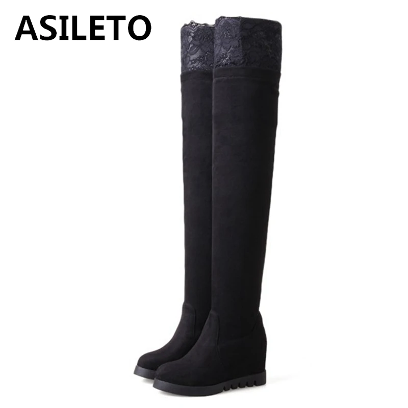 

ASILETO 2021 Sexy Over The Knee Boots Flock Slip On Lace Platforms 7CM Internal Increase Thick Sole Heel US11 12 Black A4477