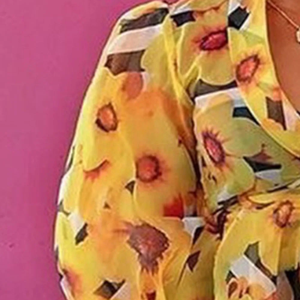 Винтажная модная женская блузка с желтым цветочным принтом пышный Топ длинным